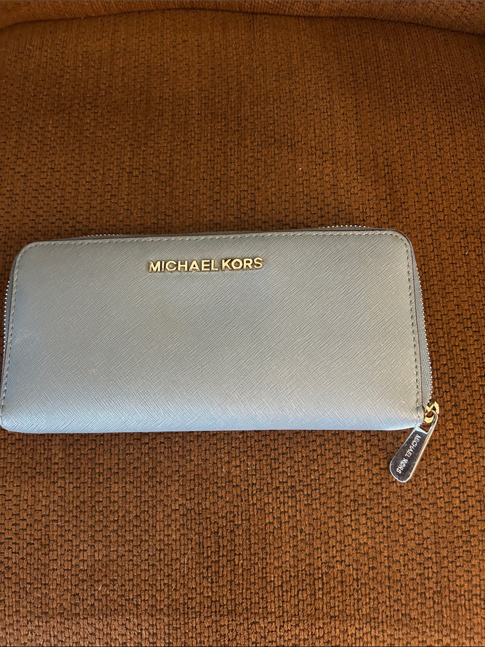 Michael Kors Light Blue Saffiano Zip Wallet with Gold Hardware